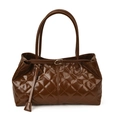 Brown quilted tote bag in glossy patent leather finish with elegant gold hardware buckles - Brown