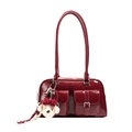 Borsa a mano retrò in pelle verniciata bordeaux con doppie tasche e ciondolo orso - Con Ciondolo (jingyun-9022) / Rosso