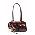 Borsa sottobraccio retrò in pelle verniciata marrone scuro con doppia tasca e orsetto - Con Ciondolo (jingyun-9022) / Marrone