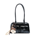 Borsa a spalla in vernice nera lucida con tasche e ciondolo orsetto di peluche - Con Ciondolo (jingyun-9022) / Nero
