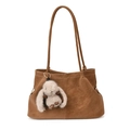Grande borsa shopper marrone con cuciture bianche a contrasto e ciondolo a coniglio - Con Ciondolo / Marrone
