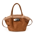Braune Wildleder-Eimertasche mit Lammfellbesatz und silbernem Metalldrehverschluss - Braun