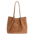 Brown vintage matte tote bag with matching small pouch and white stitching detail - Brown