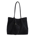 Vintage black matte tote bag with white contrast stitching and a matching charm pouch - Black