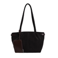 Large black suede tote bag with brown straps and detachable pouch in a minimalist design - Ebony