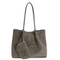 Grey suede tote bag set with matching pouch and white contrast stitching detail - Green
