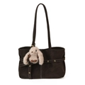Borsa tote in camoscio marrone scuro con cuciture bianche e ciondolo a coniglio - Con Ciondolo a Forma di Coniglio / caffè