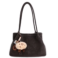 Dark brown suede tote bag with contrast stitching and plush cat paw keychain - With Charm / Brown