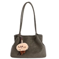 Olive green tote bag with contrast stitching and plush charm for casual commuting - With Charm / Green