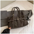 Dark brown suede tote bag with vintage belt buckle detail on grey blazer and white bedding - No Pendant / Coffee