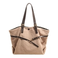 Winterse kaki fleece tote tas met bruine lederen riemen en metalen gesp details - Khaki