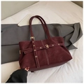 Burgundy suede tote bag with white contrast stitching and gold buckle detail - No Pendant / Red