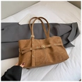 Caramel brown suede tote bag with decorative cross straps and long shoulder handles - No Pendant / Brown