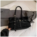 Black suede tote bag with white contrast stitching and decorative metal buckle strap - No Pendant / Black