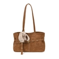 Borsa tote vintage in pelle PU marrone con cuciture bianche e ciondolo a coniglietto - Con Ciondolo a Forma di Coniglio / Marrone