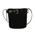 Minimalist black bucket bag with matte suede texture and polished silver buckle strap - Black