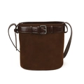Chic dark brown suede bucket bag with leather strap detailing and silver metal buckle - Brown
