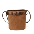 Retro brown bucket shoulder bag with matte suede texture and leather belt buckle - Brown