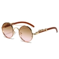 Retro round double bridge sunglasses with wood temples and gold leopard metal emblem - Gold Frame Tea Pink Gradient Lens