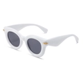 Chunky white oval puffed sunglasses with dark lenses and gold wing-shaped metal accents - White Frame Dark Grey Lens