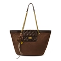 Borsa tote in pelle scamosciata marrone scuro con patta trapuntata, catena dorata e nappa - Con Ciondolo / Marrone