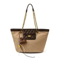 Elegante borsa tote beige con bordo marrone e chiusura in metallo dorato di classe - Con Ciondolo / Cachi