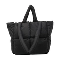 Large black quilted puffer tote bag with padded handles for winter casual daily use - Black