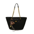 Borsa tote nera in tela con tracolla a catena, patta trapuntata e ciondolo smiley - Con Ciondolo / Nero
