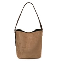 Bolso cubo minimalista de ante marrón con bandolera tejida y diseño interior espacioso - Caqui