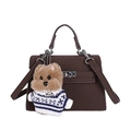 Dark brown matte Kelly bag with a cute teddy bear plush charm and detachable strap - With Pendant / Brown