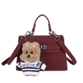 Elegant dark red trapezoid handbag with top handle and cute plush bear charm - With Pendant / Red