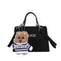 Classic black Kelly-style handbag with silver hardware and cute plush dog pendant - With Pendant / Black