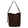 Bolso tipo cubo de ante marrón oscuro con correa trenzada y diseño de gran capacidad - Marrón