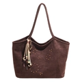 Borsa tote in camoscio caffè scuro con rivetti e nappa etnica in stile retrò - Con Ciondolo / Marrone