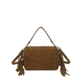 Retro small square handbag in dark brown suede with tassels and woven handle - Brown