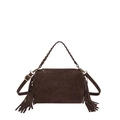 Dunkelbraune Wildleder-Tasche mit Fransen-Details und gewebten Griffen im minimalistischen Design - Braun