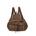 Dark brown retro backpack with silver rivets and multi-pocket design for commuting - Brown