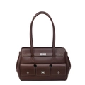 Bolso tote de piel sintética marrón oscuro con bolsillos y herrajes plateados - café