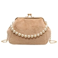 Elegante kaki tas van imitatiebont met parelhandvat en gouden vintage metalen sluiting - Khaki