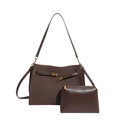 2-piece dark brown matte tote bag set with matching small zipper pouch and metal buckle - Brown No Pendant