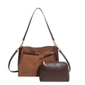 2-piece set brown suede and leather tote bag with small matching pouch and gold buckle - Suede Brown Without Pendant