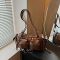 Bolso bandolera cargo marrón vintage con múltiples bolsillos y correa ajustable fina - Marrón