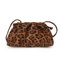 Leopard print pouch bag in faux suede with a drawstring strap on a white background - Brown
