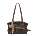 Leopard print tote bag with brown leather straps and a plush bear pendant charm - With Pendant / Green