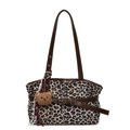 Leopard print tote bag with brown leather straps and a cute brown bear charm - With Pendant / Off White