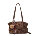 Leopard print tote bag with brown leather straps and cute plush bear charm - With Pendant / Brown