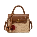 Brown leather and beige faux fur handbag with heart texture and plush charm - With Pendant / Brown