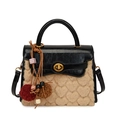 Faux fur handbag with embossed hearts and premium black leather trim with pompom charm - With Pendant / Brown