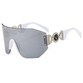 Lunettes de soleil sans monture à verres gris avec branches blanches et détails dorés - Monture Blanche Verres Miroir Argent
