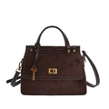 Vintage Umhängetasche aus dunkelbraunem Wildleder mit Ledergriffen und Goldschloss - Kaffeebraun